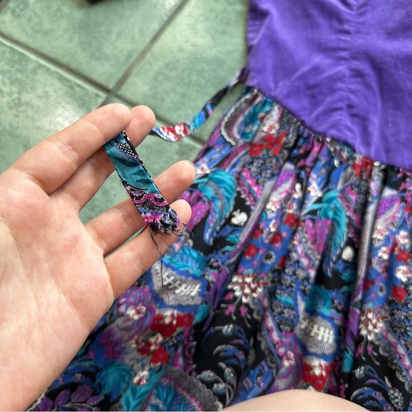 VTG 80s Retro Purple Velour Velvet Puff Sleeve Floral Paisley Cottagecore Dress - Picture 9 of 10